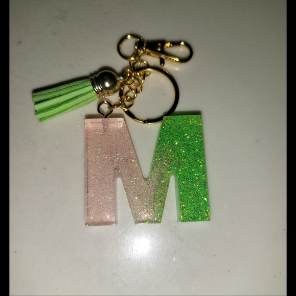 handmade Accessories Neon Green Baby Pink Glitter Letter M Keychain